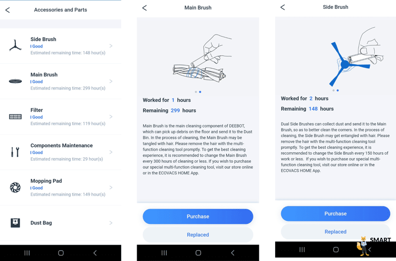 Wartungshinweise und Zustand der Ersatzteile des ECOVACS DEEBOT T20 OMNI werden in der DEEBOT Home App angezeigt.